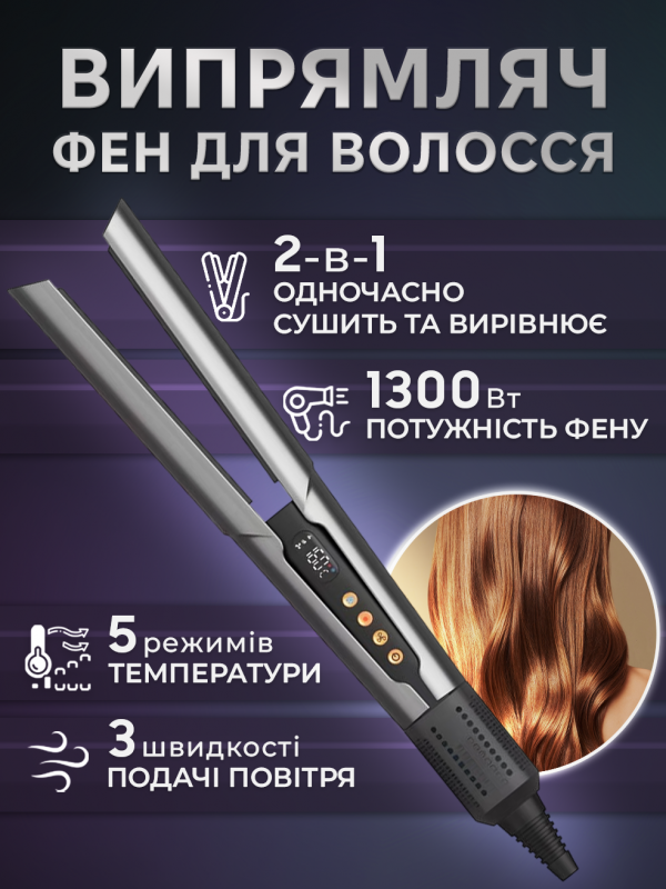 Фен iHunt Femme HC2 – сушіння + випрямлення, 1300 Вт, іонізація, LED, автостоп